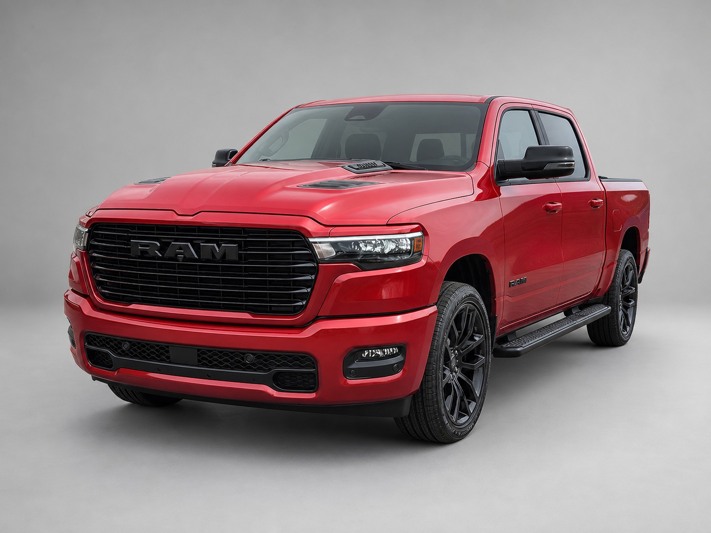 Red RAM 1500 viewed from the front in a clean studio